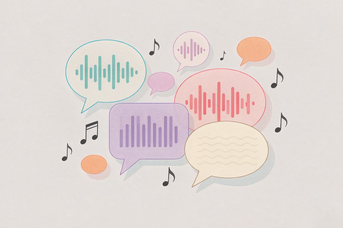 Flat illustration of colorful speech bubbles with sound-wave patterns and musical notes.