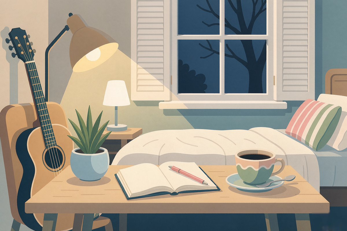 Flat illustration of a songwriter desk at night: acoustic guitar, open notebook, coffee.